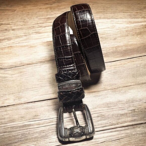 Vintage Brighton M 24709 Dark Brown Embossed Leather Belt w/ Silver Tone Buckle - Picture 1 of 13